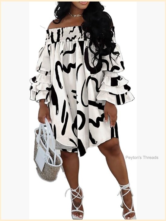 Dresses & Skirts - Off Shoulder A-Line Midi Dress with Ruffle Sleeve Pleated Sundress